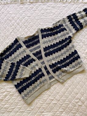 David Taylor Navy and White Marled Knit Cardigan